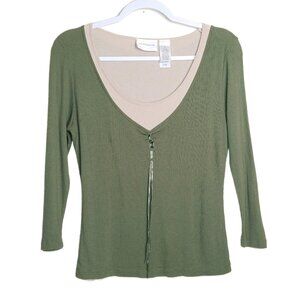 Liz Claiborne Ribbed Shirt Women’s Medium Green Beige Faux Layered Long Sleeve